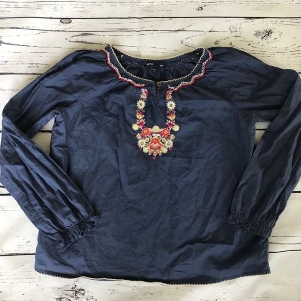 GapKids Shirt Girls Medium Embroidered Navy Long Sleeve Floral Top Blouse